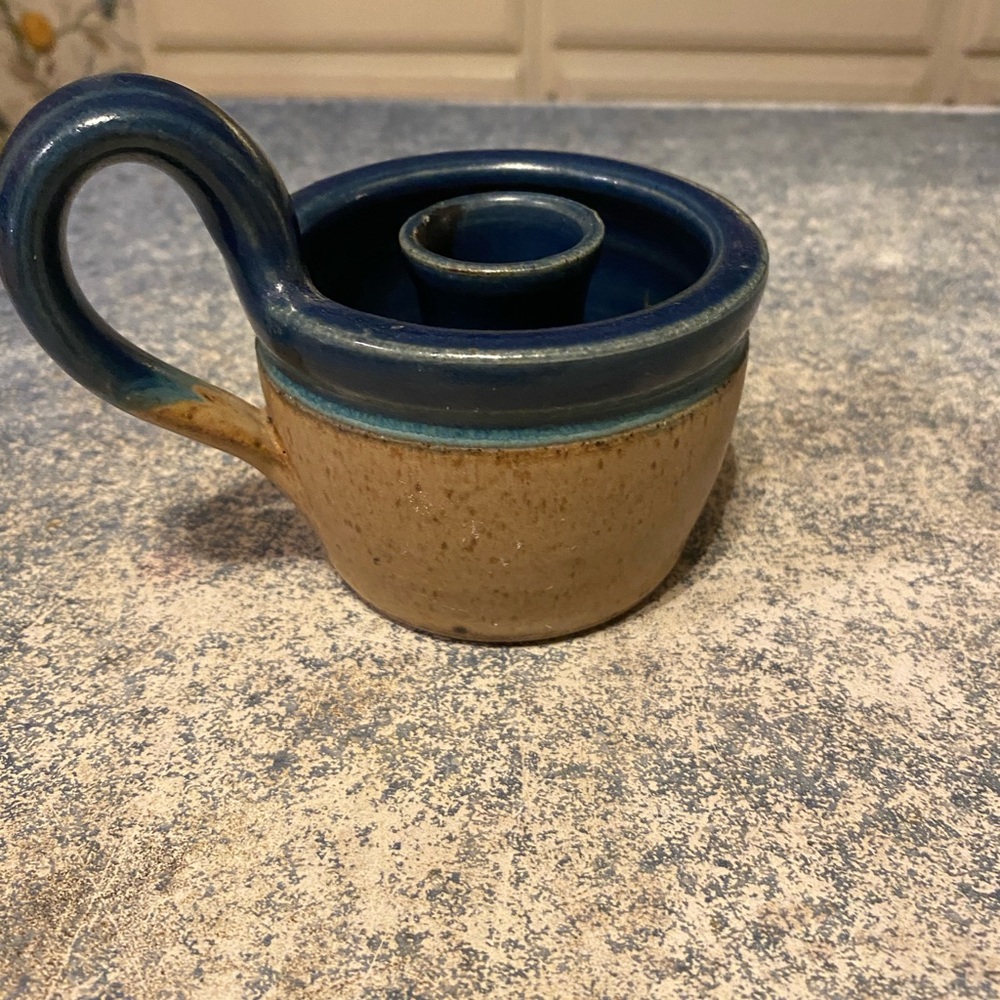 Blue and Tan Ceramic Candle Holder Handcrafted - Picture 7 of 9